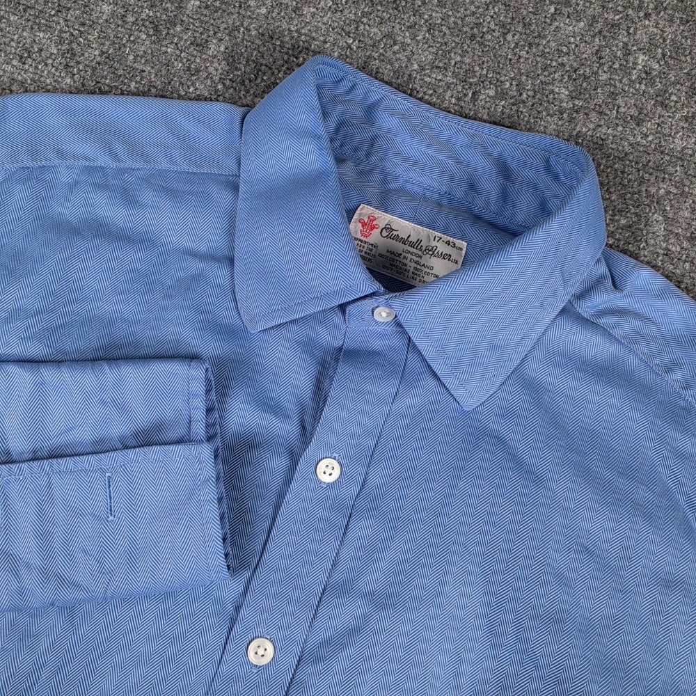 Vintage Turnbull & Asser Shirt Mens 17 Blue Herringbone French Cuff England